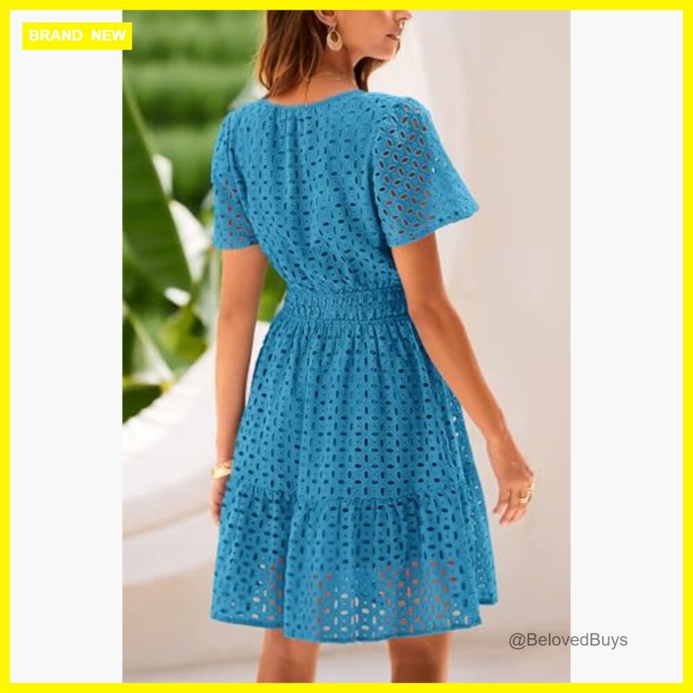 V-Neck A-Line Mini Dress with Lace Detail, Short Sleeve, Casual Summer - Picture 2 of 7